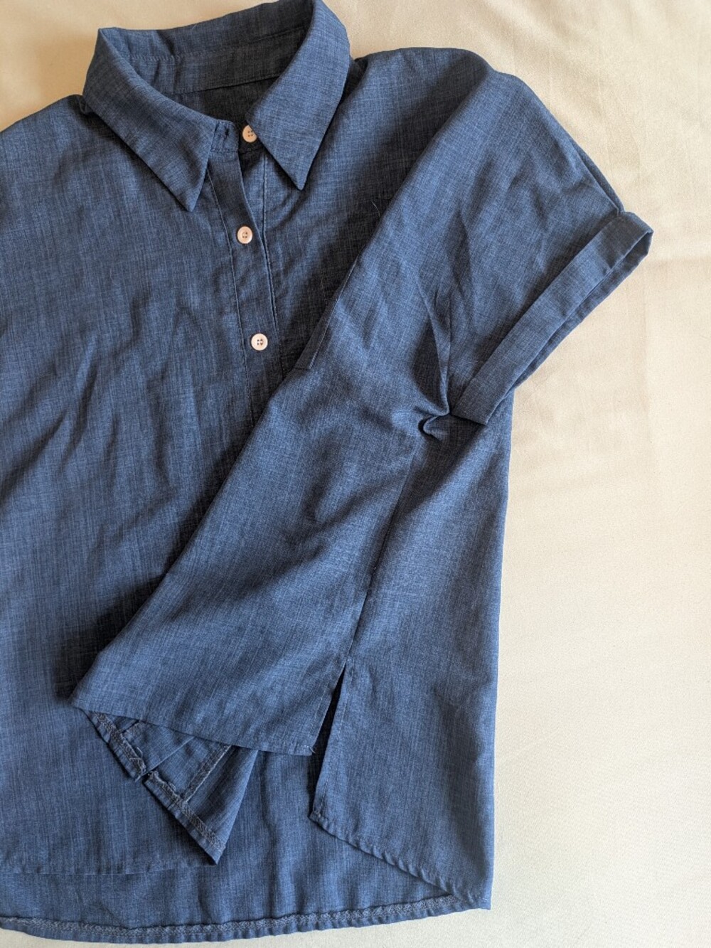 Classic Short-Sleeve Chambray Look Button-Up Shirt in Blue - Picture 6 of 12